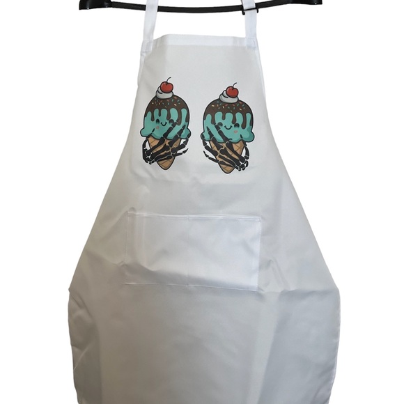 Skeleton Holding Smiling Ice Cream Cones White Bib Apron - Picture 2 of 3